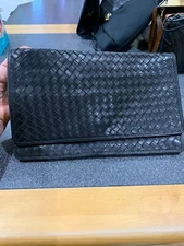 Auth Bottega Veneta Italy Intrecciato Black Leather Large Clutch Handbag Tote 