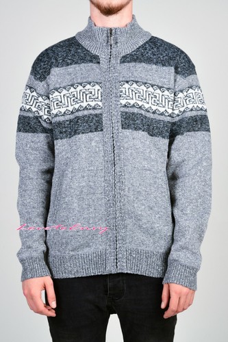 Mens Fleece Lined Zip Up Aztec Striped Knitted Wool Blend Jumper Cardigan Zipper - Picture 3 of 22