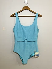 Sunseeker Bathing Suit NWT Womens Size 10 Teal Textured Cinch Waist One Piece