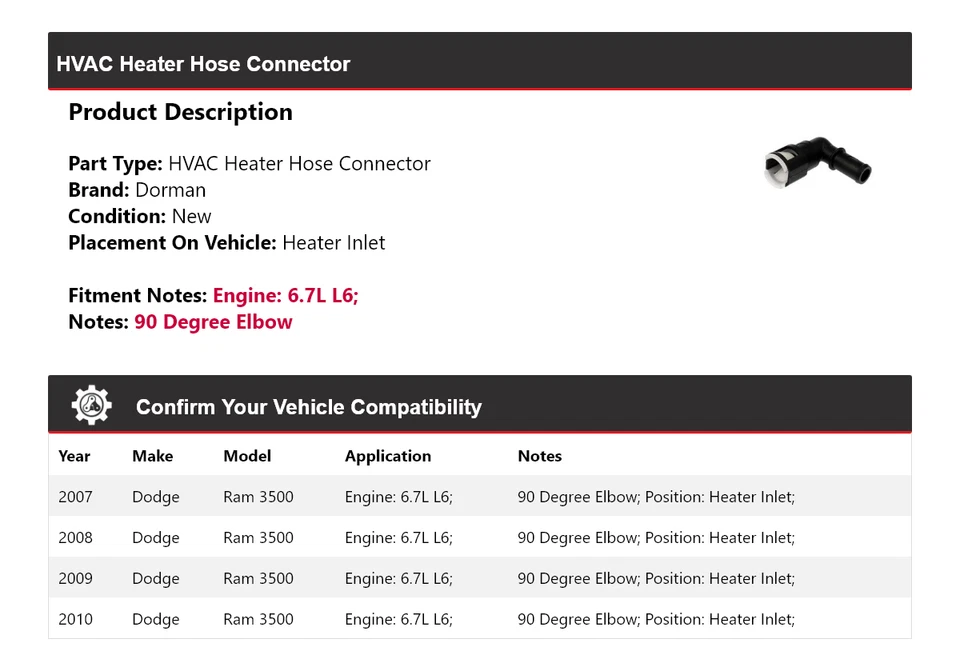 Conector de manguera de calefacción para Dodge Ram 3500 2007-2010 6,7 L L6 Dorman 2008 Foto 2 de 4