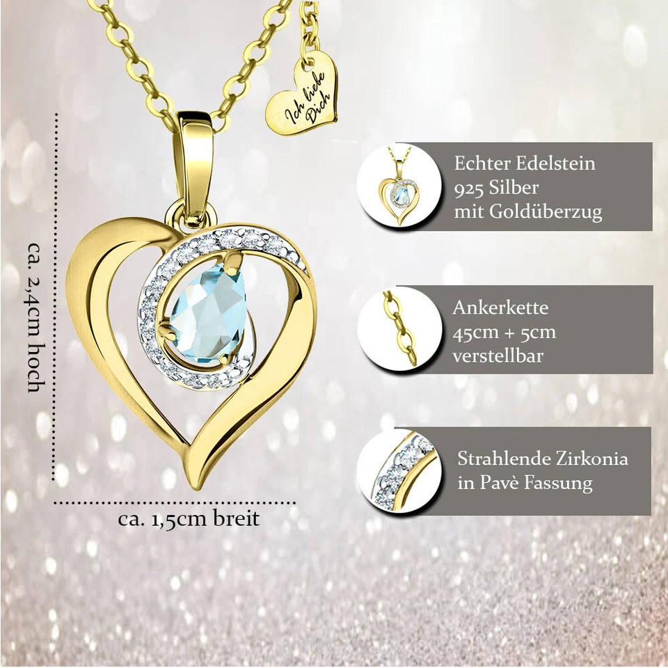Echter Blau-Topas 925 Silber Herzkette gold Kette Herz Geschenk für Frauen Damen - Bild 2 von 4