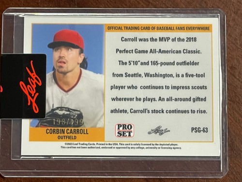 UPTO 5 2023 Leaf Pro Set Metallo Oro Prizm Rifrattore CORBIN CARROLL ROOKIE #/199 - Foto 6 di 6