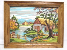Vintage Paint by Number PBN Painting Framed Old Mill Pond Wood Frame