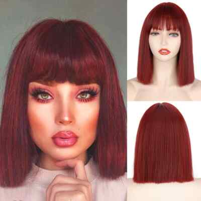 Short Bob Synthetic Wig Shoulder Length Bangs Wig Wine Red Black Pink Orange Wig