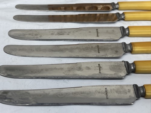 Vintage Butterscotch Bakelite Handle Stainless 6 Table Knives Set W/Wood Case - Picture 7 of 10