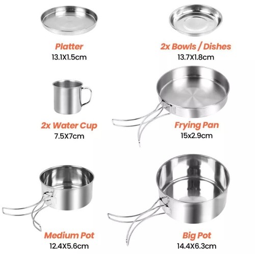 8pcs stainless steel camping cookware kit saucepan dishes pot set 2-3 person - Picture 18 of 18