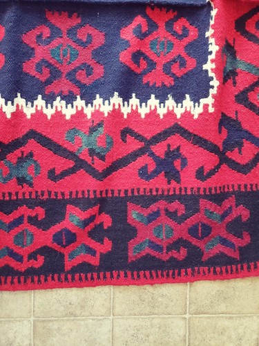Red Blue Hand Woven Balkan Macedonia Floor Rug 6.10 x5' Area Wool Tapestry Kilim - Picture 4 of 22