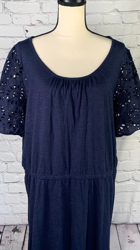 NUEVO VESTIDO TALBOTS SLUB TEJIDO DETALLE OJALES Azul Marino Manga Corta Algodón Modal 2X - Imagen 4 de 24