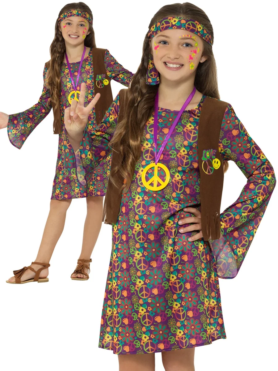 Girls Hippie Costume, Hippie Outfit with 60-70s Accessories for