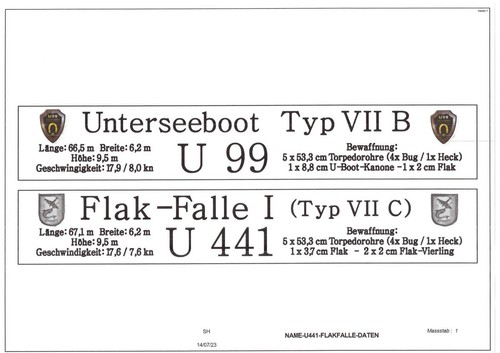 Namensschild für Modellständer mit Daten  -  U441 (Flakfalle I)  oder  U 99 - Bild 1 von 5