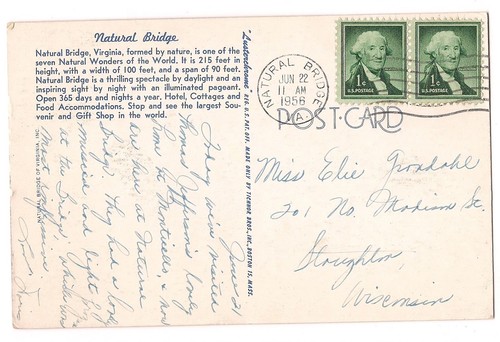 NATURAL BRIDGE Rock Formation 7th Wonder of World  Virginia Postcard VA 1956 - Picture 2 of 2