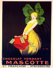 POSTER CHOCOLATE MASCOTTE GIRL FOUR LEAVES CLOVER HAT VINTAGE REPRO FREE S/H