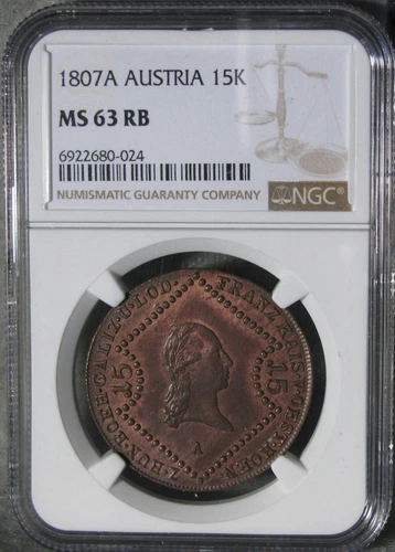 1807-A Austria 15 Kreuzer NGC Certified MS 63 RB World Coin #615