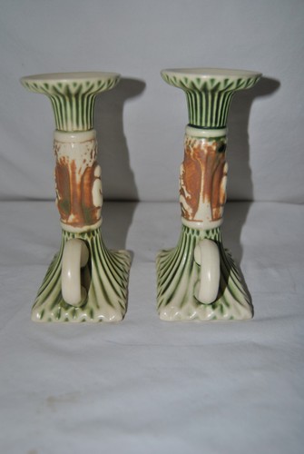 Roseville Donatello Cherubs Candles Sticks With Loop Handle Nice Dark Colors - Picture 3 of 10