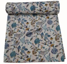 Indian Handmade Queen Cotton Kantha Quilt Throw Blanket Bedspread Floral Print