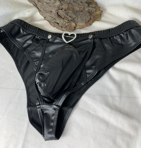 XXL Black Man Posing Faux Leather Type Panties With Rhinestone Heart Pendant!