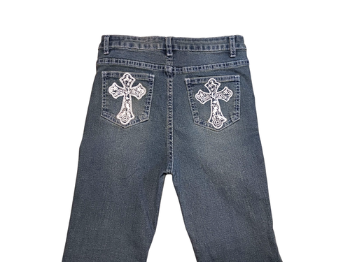 SHEIN Girls Jeans Flare legs stretch Size 11 Youth Blue embroidered back pockets - Picture 5 of 8