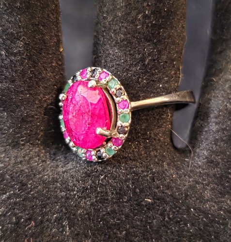 Ruby Ring w/ Emerald & Sapphire Halo Size 8.5 Sterling Silver 925 # 126 - Bild 3 von 5