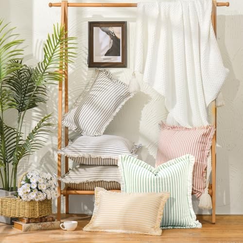 Throw Pillow Covers 20x20 Set of 2 Green Striped Pillow Covers with Fringe - Picture 7 of 7