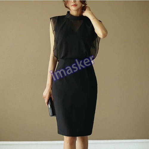 Women Formal Sleeveless Bodycon Pencil Midi Dress Front Tulle Mesh Slim Fit Sexy - Bild 12 von 14