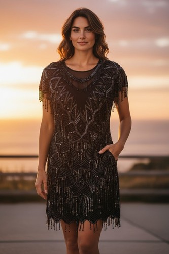 Vestido de seda vintage Laurence Kazar negro con lentejuelas y cuentas pequeño hermoso para mujer MC - Imagen 3 de 7