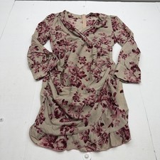 SheIn Dress Womens XL Beige Floral V Neck Long Bell Sleeve Wrap Mini Ruffle Hem