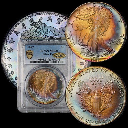 1987 American Silver Eagle PCGS MS68 **schön getönt** GOLD QA STICKER
