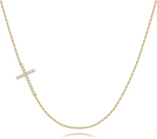 Cross Necklace for Women, Dainty 14K Gold Silver Plated Small Diamond Sideways C