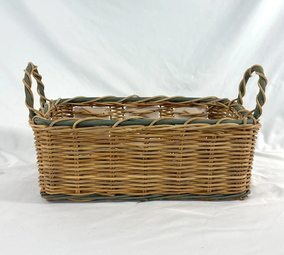 Basket w fruit ceramic tiles, green and tan wicker, 15.75" x 8.75" x8.5" - Image 3 of 4