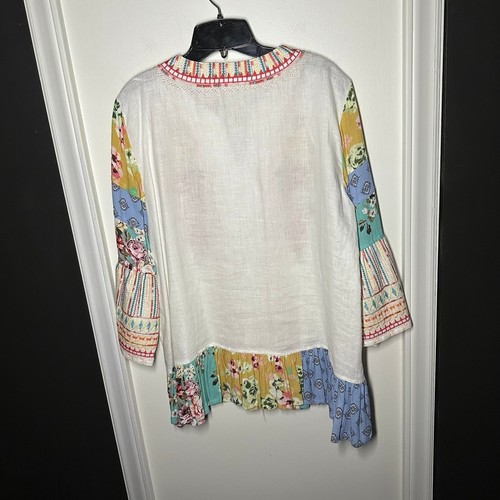 John Mark Damen Boho weiß Blumen bestickt Patchwork 100% Leinen Top Gr. L - Bild 7 von 8