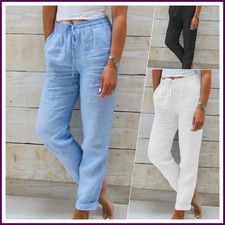 Cotton Linen Summer Pants for Women High Waist Elastic Casual Trousers