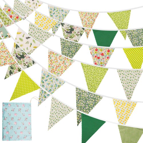 kuou 15M/50Ft Fabric Bunting Banner, 45 pcs Cotton Floral Flags, Green