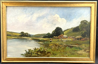 WELLESLEY COTTERILL 1854 1913 RIVERSIDE FARM ON THE WEY ANTIQUE OIL PAINTING