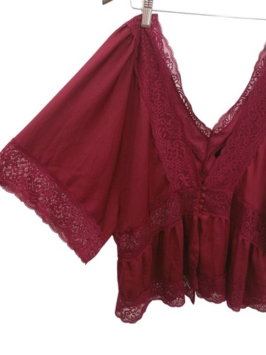 Forever 21 Womens Top Coquette Y2K Peplum Satin Lace Trim Burgundy VNeck 2X - Picture 4 of 14