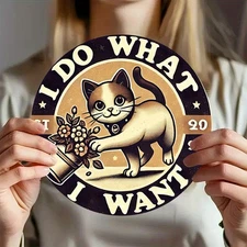 Confident Cat & Floral Design Aluminum Wall Art, 7.87 Round Metal Sign - Reusabl