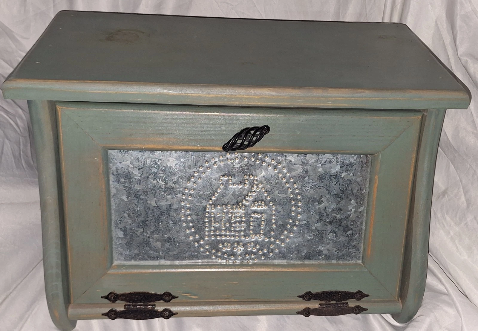Vintage Bread Box With Aluminum House Design. Green wood. Good Condition.