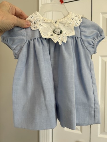 Vintage Peaches n’ Cream Baby Girl Dress 0-3 Months Blue White Lace Collar Trim - Picture 2 of 7
