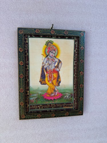 Vecchia foto Krishna con cornice dipinta a mano, cornice da appendere a parete - 9 x 12" - Foto 2 di 10