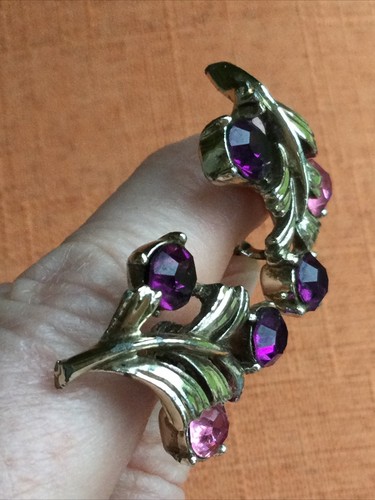 Orecchini Vintage Squisiti Clip On, Strass Vetro Rosa Viola Anni 50, Firmati - Foto 16 di 23