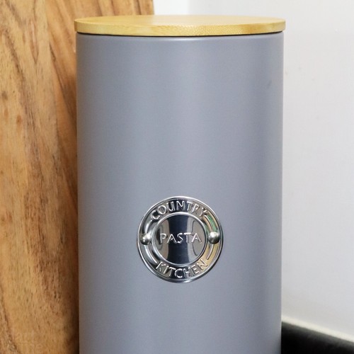 Grey Pasta Storage Canister Metal Tall Neutral Country Kitchen Lidded Food Jar - Picture 2 of 5