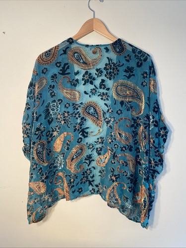 Umgee Size S/M Teal Floral Paisley Velvet Burnout Open Front Kimono Cardigan EUC - Picture 5 of 8