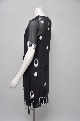 Antique VTG 1920s Black & White Beaded Shift Dress Flapper Party Belted XS - Picture 5 of 6