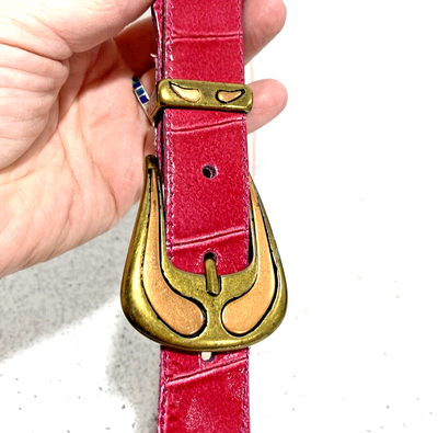 Vintage pink belt moc croc leather gold and copper buckle retro colorful mod s-l400.jpg main image 4