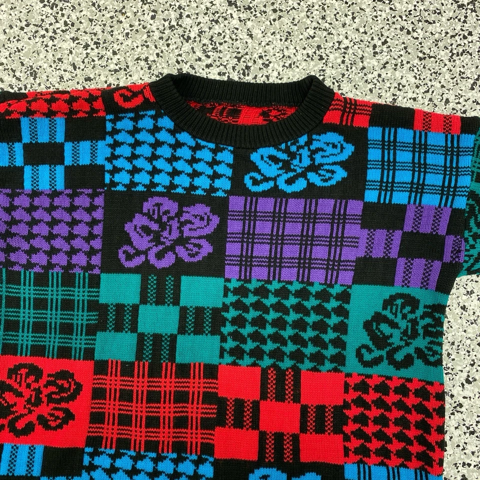 Vintage Sweater Mens L Acrylic Pullover MultiColor USA Grandpa Print Grunge 90s - Image 2 of 4