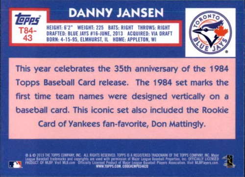 Danny Jansen 2019 Topps Series 2 1984 Chrome Rookie Card #T84-43 - Picture 2 of 2