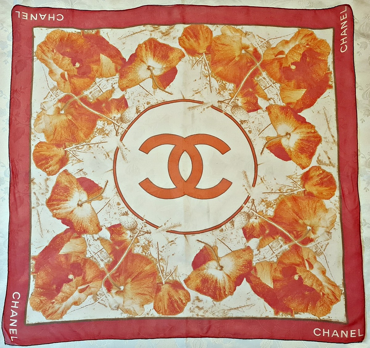 SCARF VINTAGE AUTHENTIC CHANEL LOGO POPPIES ORANGE CHIFFON