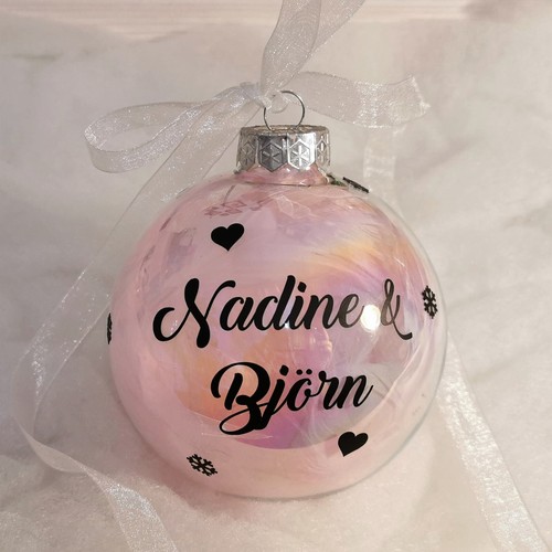 Weihnachtskugel aus Glas 8cm mit Namen + Wunschfüllung Federn Glitzer Schnee - Bild 2 von 12