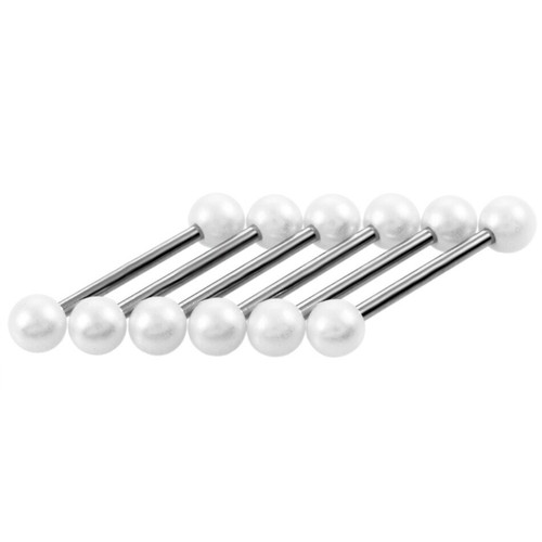 Faux Pearl Barbell 14G Stainless Steel Body Jewellery Piercing Silver White - Picture 2 of 4