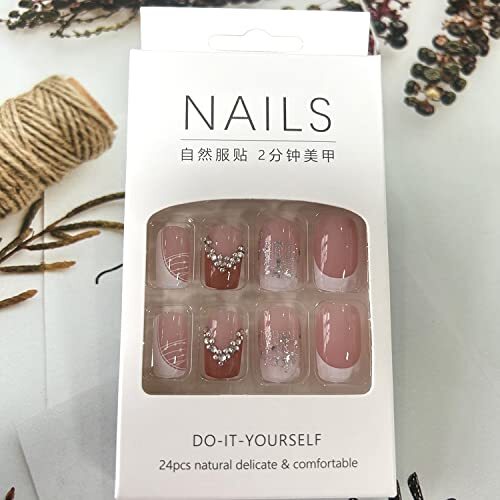 Pink Press On Nails Short Square, Coffin Shape Full Cover Reusable Rhinestones - Bild 6 von 6