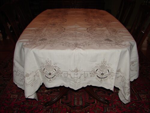 Vintage Madeira Linen Eyelet Embroidery Banquet Tablecloth 148 x 68 in - Picture 5 of 8